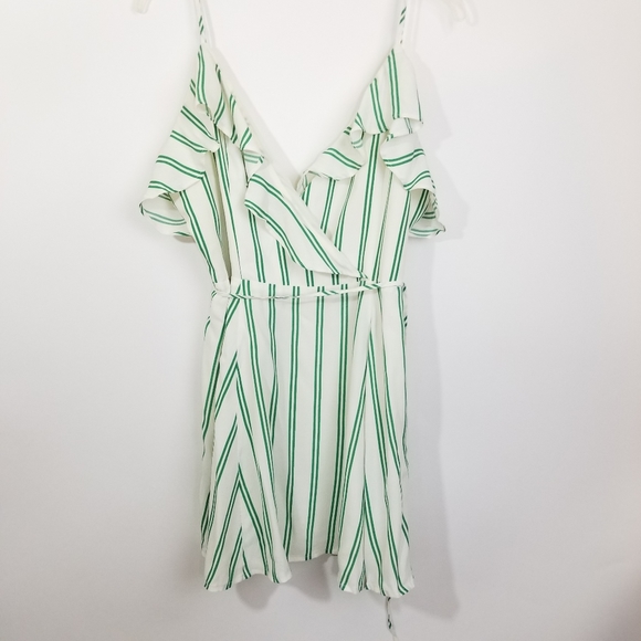 PRIVACY PLEASE Atlantis Ruffle Front Mini Dress in Green Stripe Size Large L - Picture 4 of 6